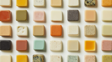 a background of various solid soaps arranged symmetrical with soft shadow effects, creating a sense of depth, on a soft white background