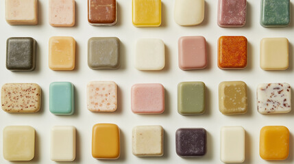 Fototapeta premium a background of various solid soaps arranged symmetrical with soft shadow effects, creating a sense of depth, on a soft white background