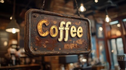 Vintage coffee sign hanging in a cozy cafe with a warm atmosphere, showcasing the rustic charm and inviting ambiance for coffee enthusiasts