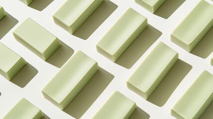 Obraz premium a collection of rectangular pastel green solid soaps arranged sophisticated diagonal arrangement with soft shadow effects, creating a sense of depth, on a soft white background with shadows