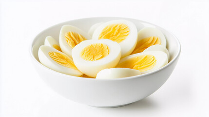 Boiled egg slices bowl isolated on white background