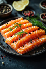 Fresh salmon fillet slices arranged beautifully on dark plate