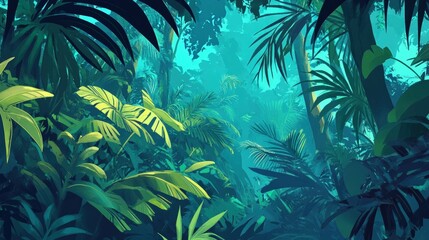 A lush, vibrant jungle scene with dense foliage and a glimpse of the sky through the canopy.