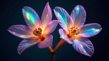 「虹色に輝く幻想的な花が二輪、暗い背景の中で光り輝き、自然界には存在しない美しい発光を持つ花びらが幻想的で超現実的な魅力を放つ、神秘的なデザイン」