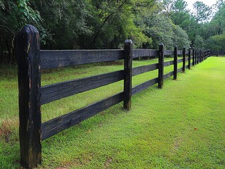 A black wooden fence with three rails runs through a grassy field with green trees in the background.