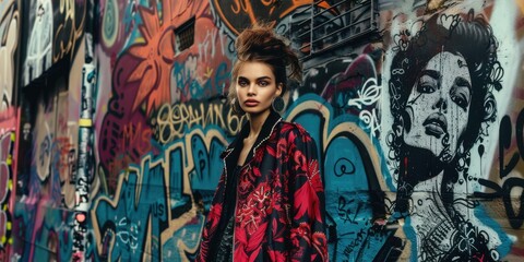 Fototapeta premium a model in a high-fashion outfit standing in an urban graffiti-covered alley