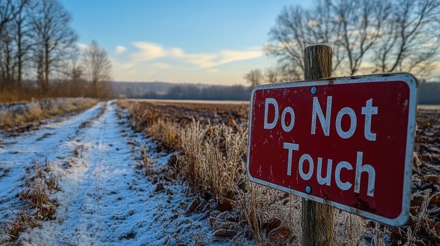 A picturesque snowy landscape with a pathway through a frosty field and a prominent Do Not Touch sign along the route against a backdrop of bare trees and a bright sky - Powered by Adobe