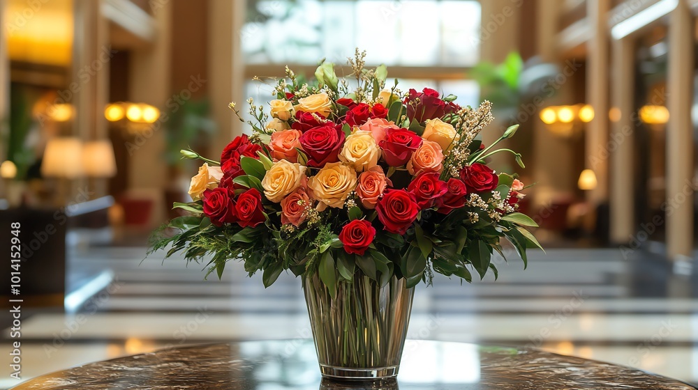 Aufkleber a bouquet of red and peach roses in a glass vase on a table in a hotel lobby.