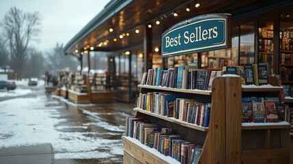 A picturesque outdoor bookstore display featuring a Best Sellers section on a snowy day, with rows of books and a warmly lit shop in the background