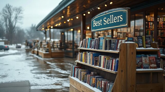 A picturesque outdoor bookstore display featuring a Best Sellers section on a snowy day, with rows of books and a warmly lit shop in the background