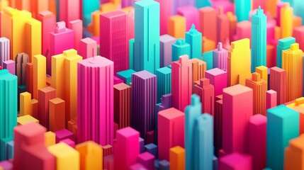 Obraz premium A vibrant 3D cityscape featuring colorful skyscrapers, showcasing a playful blend of modern architecture and vivid hues.
