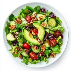 Fresh green salad with avocado and cherry tomatoes. This vibrant dish features crunchy cucumbers and nuts, perfect for a healthy meal or light lunch. Enjoy the colorful ingredients. AI