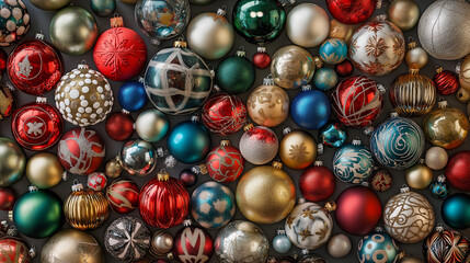 Vibrant Christmas Ornaments: Captivating Overhead Shot of Colorful Balls in Various Shapes and Patterns, Shiny Metallic Finishes, Rich Colors Against Soft Neutral Background, Holiday Cheer.