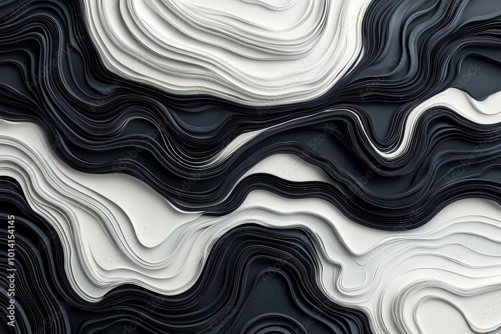 Poster an abstract composition featuring layered black and white paper, creating a dynamic and textured wav