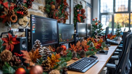A festive office workspace decorated for the holiday season with vibrant autumn and winter elements, featuring multiple computer stations adorned with seasonal ornaments