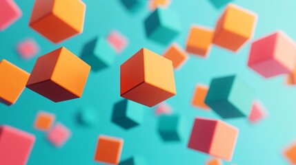 Obraz premium Colorful geometric cubes floating in space, creating a vibrant and dynamic visual effect against a sleek background.