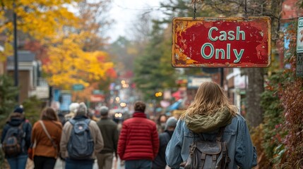 A busy street filled with people during autumn, featuring a prominent Cash Only sign, emphasizing the importance of cash transactions in local shops
