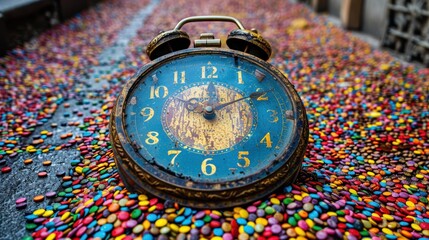 An old, vintage alarm clock with a rusty face and unique design among a colorful scattered surface of small round candies in an outdoor setting