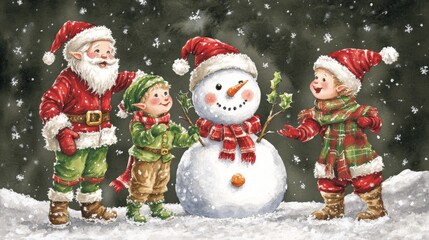 Christmas Elves Building a Snowman.