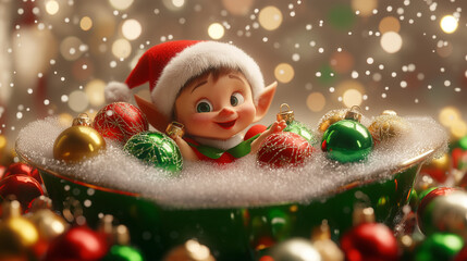 Whimsical Christmas Elf: Cheerful Scene of Elf Bathing in Tub Filled with Colorful Ornaments, Shiny Red, Green, and Gold Balls, Holiday Decorations, Bubbles, Twinkling Fairy Lights, Holiday Spirit