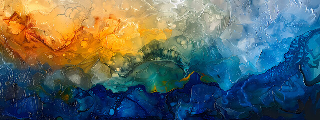 An abstract landscape showcasing vibrant colors of orange, blue, and green, creating a dynamic and fluid visual effect.