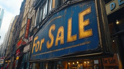 Obraz premium A vintage-style blue For Sale sign is prominently displayed on a busy urban street with historical buildings and stores visible in the background