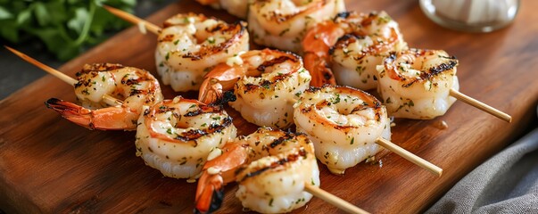 Grilled shrimp skewers on a wooden platter. Perfectly cooked seafood with a hint of herbs and spices, ideal for a delicious, healthy meal.