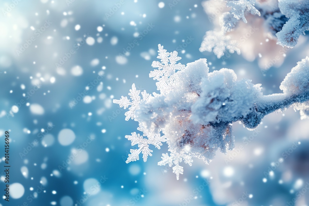 Poster A close-up of a snowflake covered in frost on a branch against a blue, blurred background with snowflakes falling.