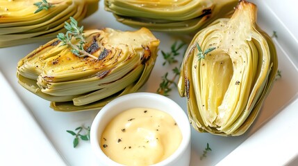 Freshly grilled artichokes served with creamy dipping sauce on a white plate, garnished with thyme for a delightful appetizer.