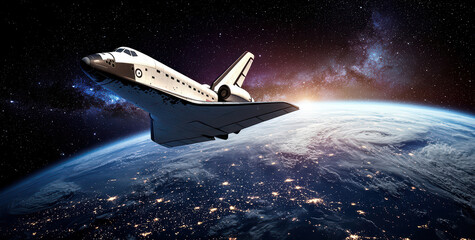 A space shuttle soaring above Earth, surrounded by the vastness of the universe, with stars twinkling in the background.