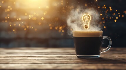 A steaming cup of coffee with a glowing light bulb above, symbolizing inspiration and creativity. Warm tones create a cozy atmosphere.