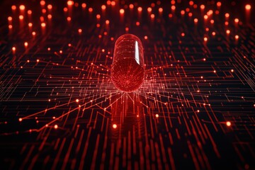 A striking red capsule surrounded by dynamic light patterns, representing innovation in healthcare and technology, set against a dark background.