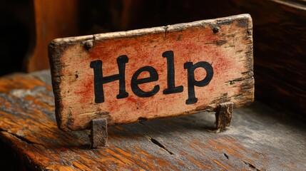 Rustic help sign on aged wooden board with distressed red and beige paint, conveying urgency or distress, standing on wooden stumps
