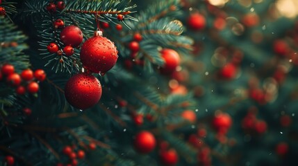 A beautifully decorated Christmas tree adorned with vibrant red baubles and fresh pine branches, capturing the festive spirit and warmth of the holiday season