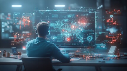 A futuristic financial analyst working with augmented reality data points, glowing blue screens in dark room, Futuristic, digital painting