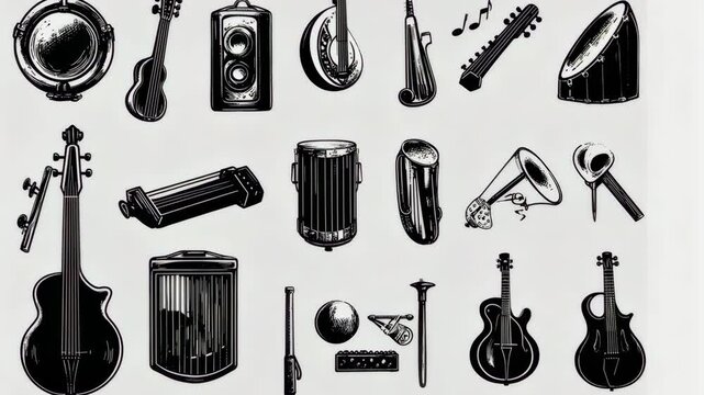 A collection of musical instruments, including a guitar, violin, and drum, are drawn in black and white