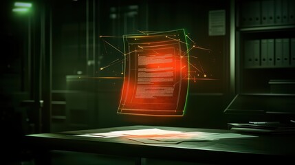Futuristic digital document floating above a table in a dark office environment, symbolizing innovation in data management and digital workflows.