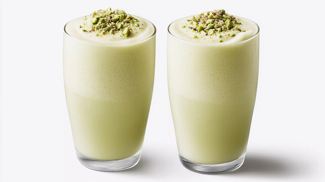 Pistachio shake glass on white background