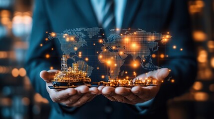 A businessman in a formal suit holds a small model of an oil rig while standing in front of a large world map highlighting key oil fields.international oil deals, energy trade, petroleum industry.