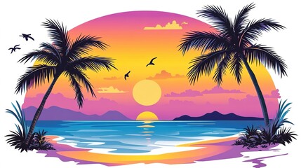 Obraz premium A vibrant tropical beach scene featuring palm trees silhouetted against a stunning sunset, designed as an icon with vector-based elements on a clean white background. 
