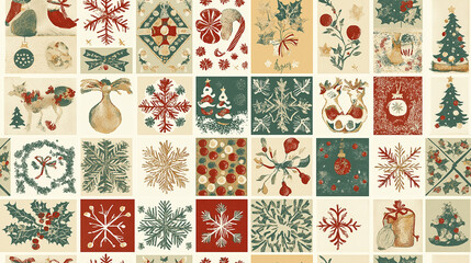 Charming Christmas Tile Pattern: Delightful Holiday Designs Featuring Trees, Snowflakes, Candy Canes, Reindeer, Ornaments, Vibrant Festive Colors on Soft Cream Background, Perfect for Festive Decor.