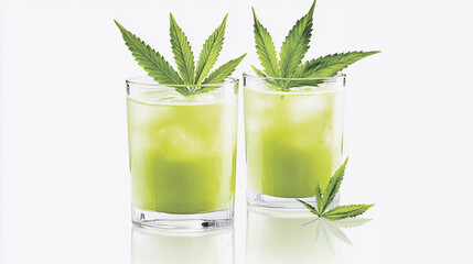 Glasses of cannabis cocktail drink on white background