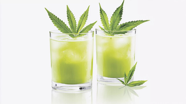 Glasses of cannabis cocktail drink on white background