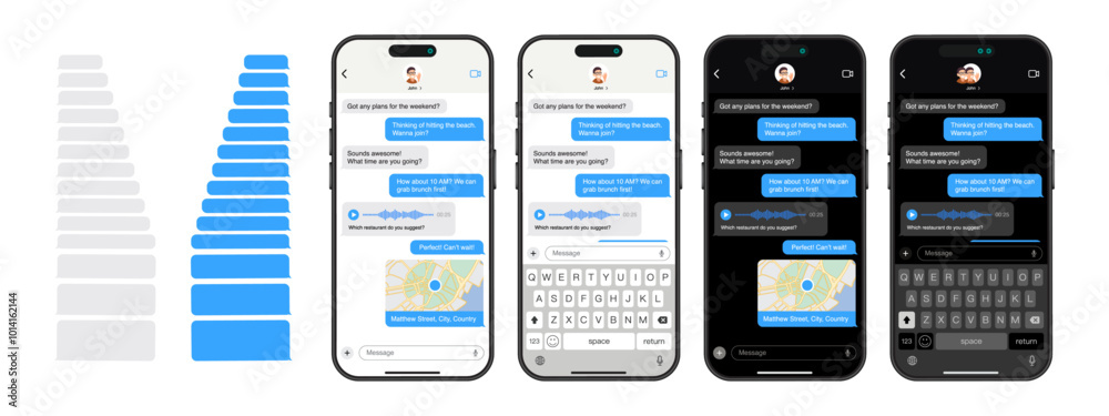 Poster smartphone messaging app: vector ui and ux design with dark and light mode, chat bubbles, map sharin