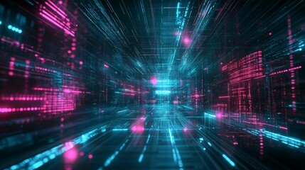 Motivational quote on a futuristic digital landscape with glowing elements and cyberpunk-style visuals.