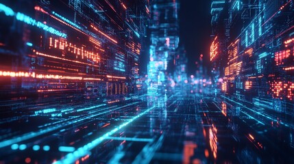 Fototapeta premium Motivational quote on a futuristic digital landscape with glowing elements and cyberpunk-style visuals.
