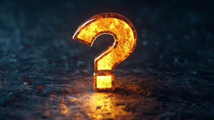 Glowing question mark on dark textured surface, curiosity and mystery concept