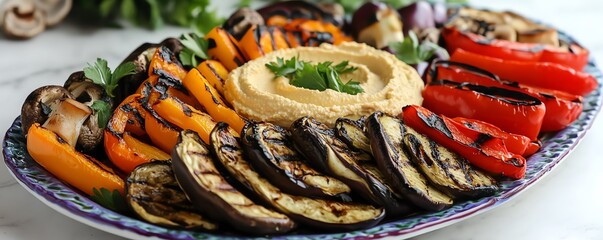 A colorful platter of grilled vegetables including eggplant, peppers, and mushrooms, centered around a creamy hummus dip for a delicious appetizer.