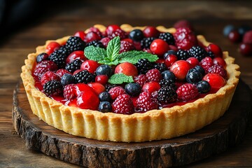 A delicious berry tart with fresh raspberries, blackberries, blueberries, cherries, and a sprig of mint on a rustic wooden surface.