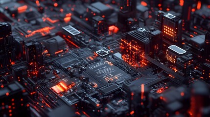 Fototapeta premium Close-up of a futuristic circuit board with glowing red lights, representing advanced technology and innovation.